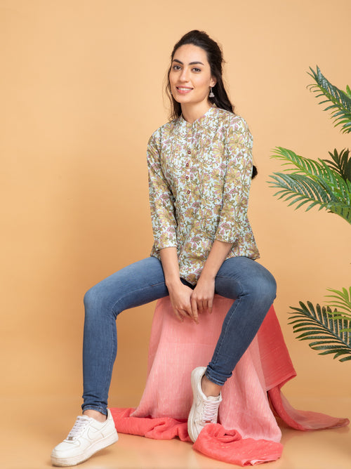 Mul Cotton Floral Printed Short Top with Pintuck Details