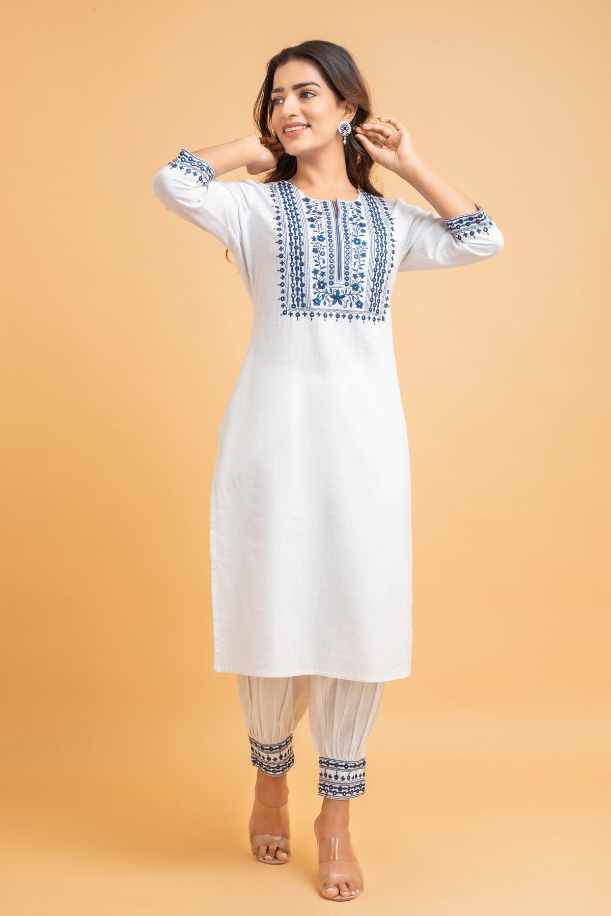 2 Pc Mirror Embroidery Kurta with Lantern Pant Set