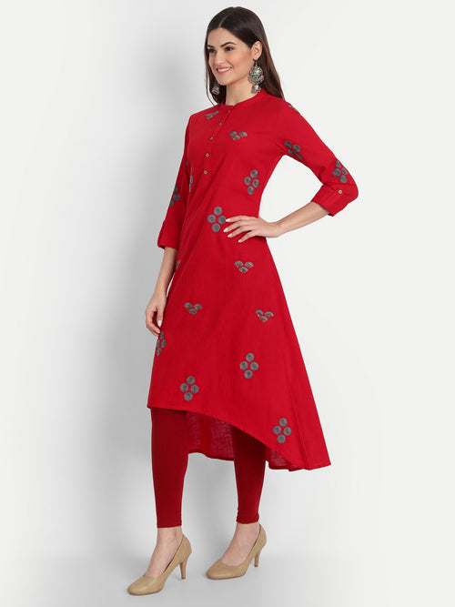 Cotton Slub Embroidered High-Low Long Kurti