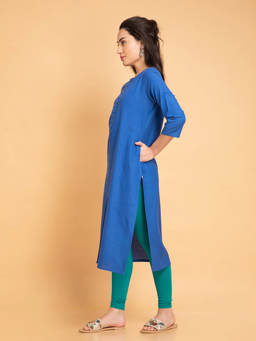 Linen Blend Long Kurti with Metal Buttons