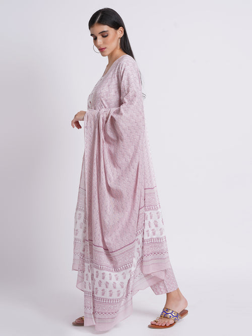 Hand Printed 3-Piece Kurta Set with Sequined Mirror Work