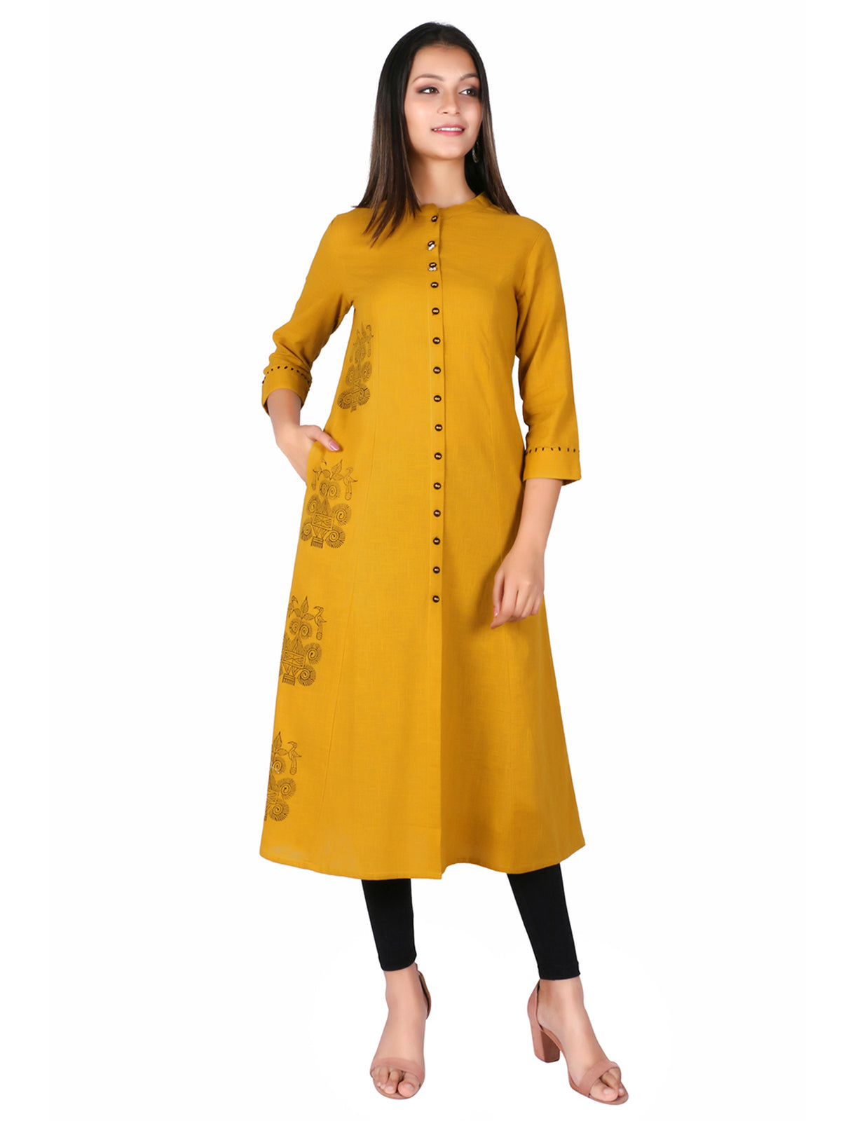 Hand Block Printed A-Line Kurti with Metal Buttons