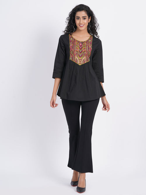 Flared Short Top with Multicolor Geometric Embroidery on Yoke