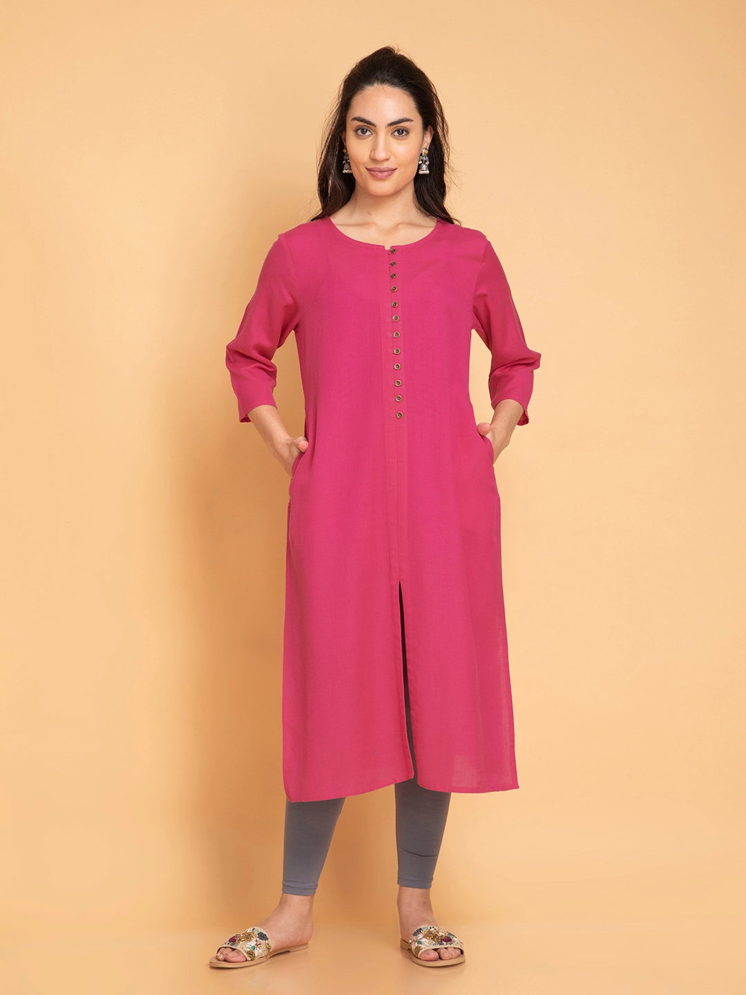 Linen Blend Long Kurti with Metal Buttons