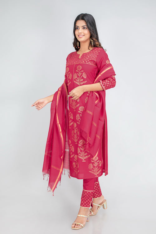 Silk Hand-Block Printed 3Pc Kurta Set with Chanderi Dupatta