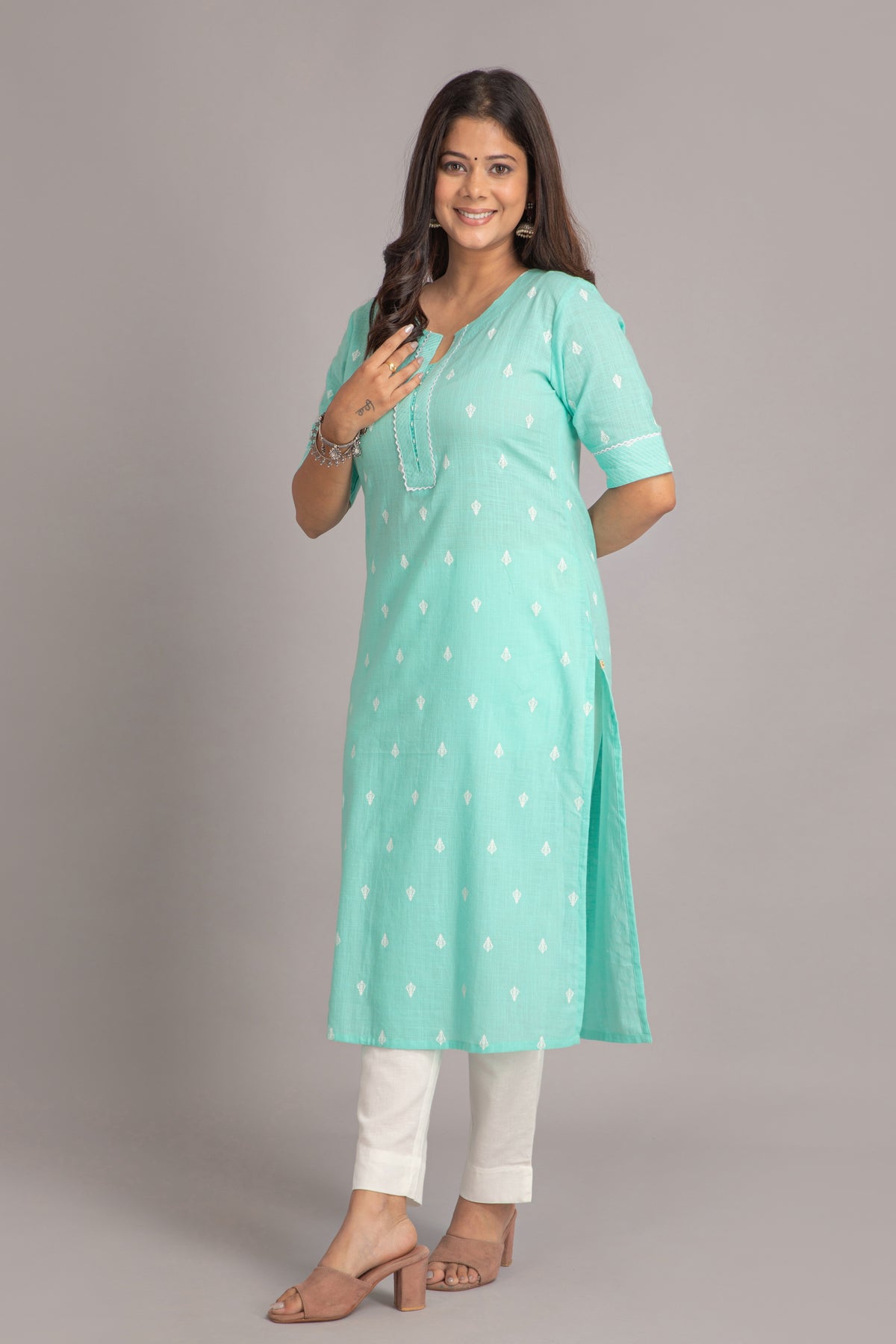 Printed Long Kurti with Embroidery & Bead Work