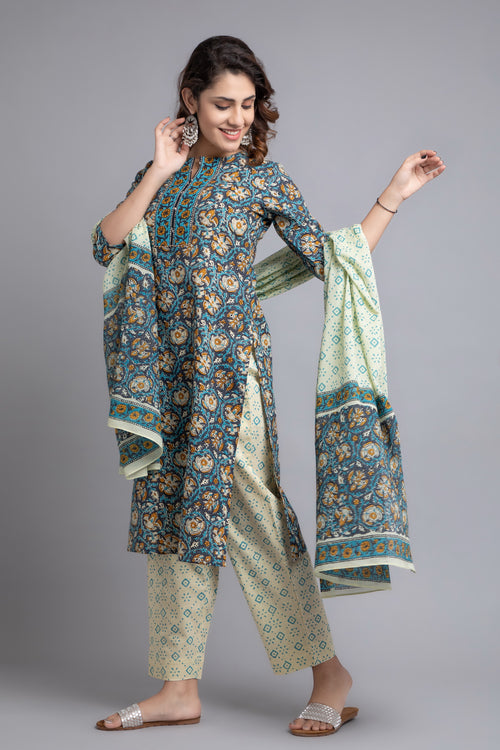 FLORAL PRINTED KURTA & PANT SET WITH DUPATTA