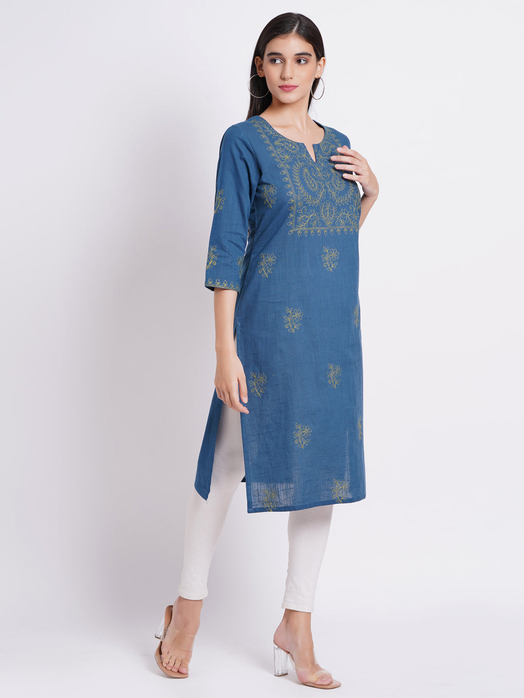 Cotton Slub Embroidered Long Kurti