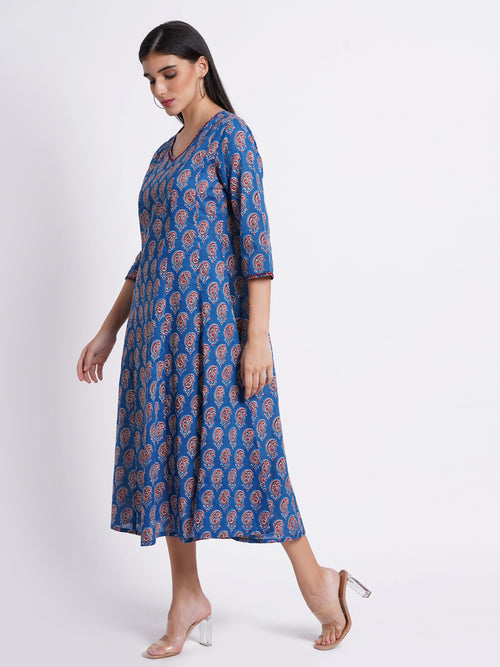 Printed Flared Long Kurti with Handcrafted Embellishments