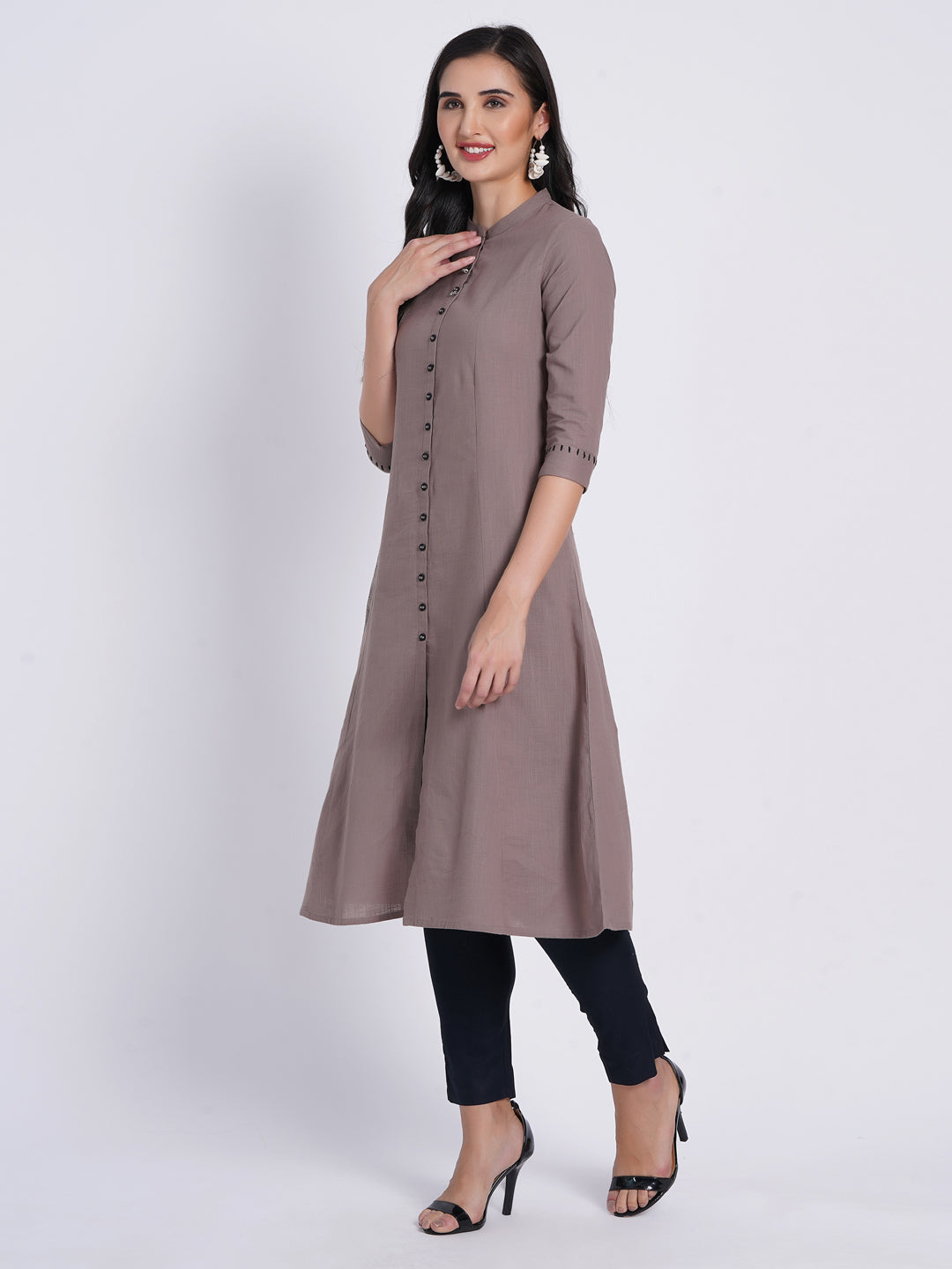 Hand Block Printed A-Line Kurti with Metal Buttons