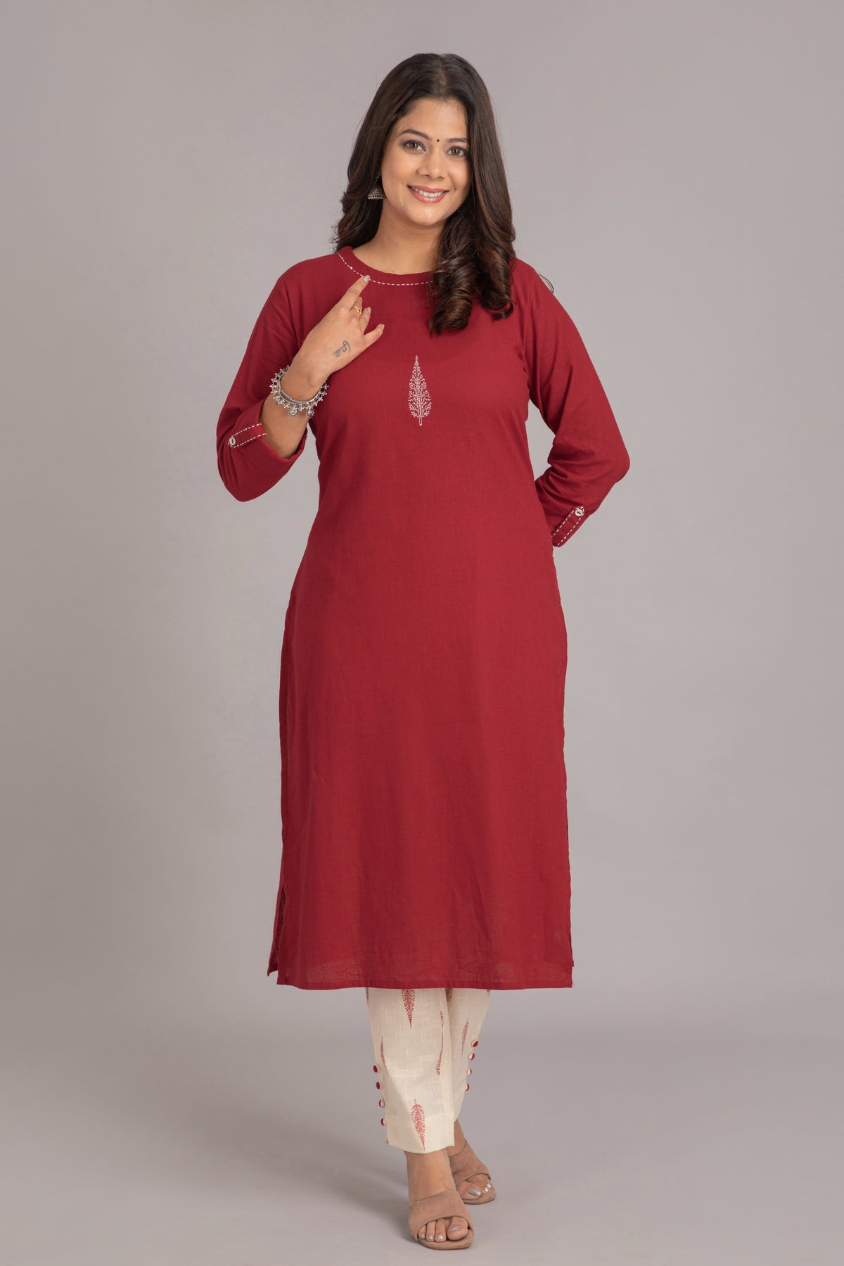 Embroidered Straight Kurti with Printed Trouser