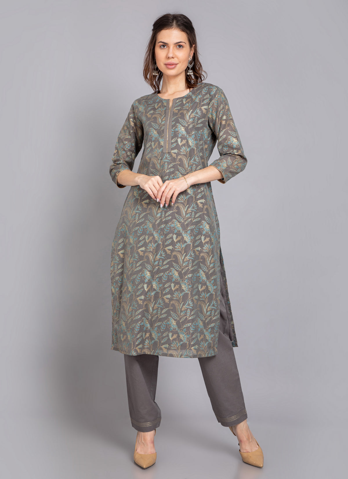 GOLD PRINTED STRAIGHT KURTA WITH PANT SET