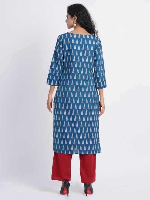 Rayon Linen Printed Boat Neck Kurti with Handwork Details