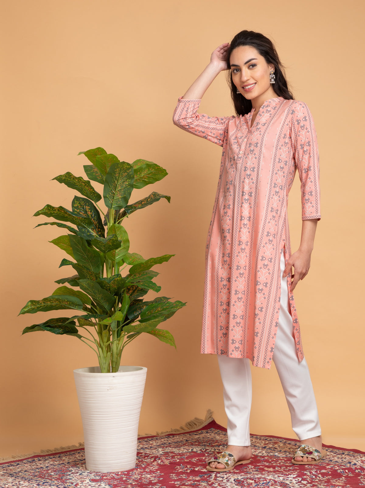 Rayon Staple Printed Stand Collar Kurta