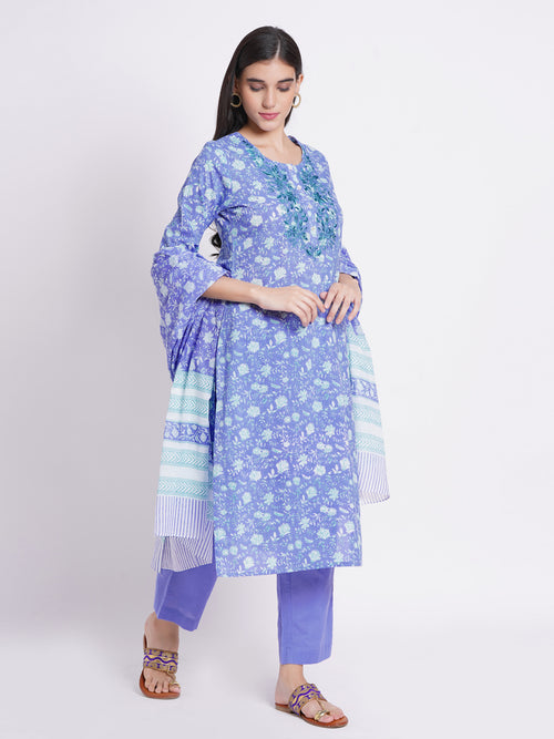 Mul Cotton 3-Piece Kurta Set with Beautiful Embroidery