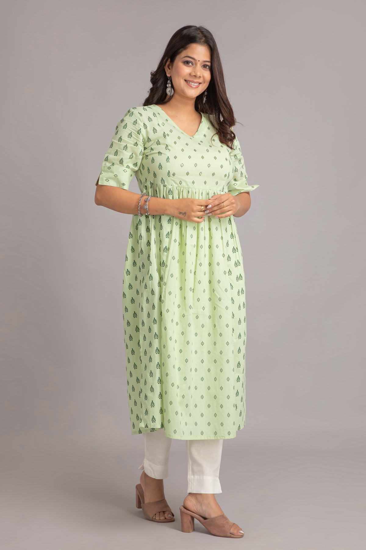 Mul Cotton Printed Flared Long Kurti with Sequin Detail