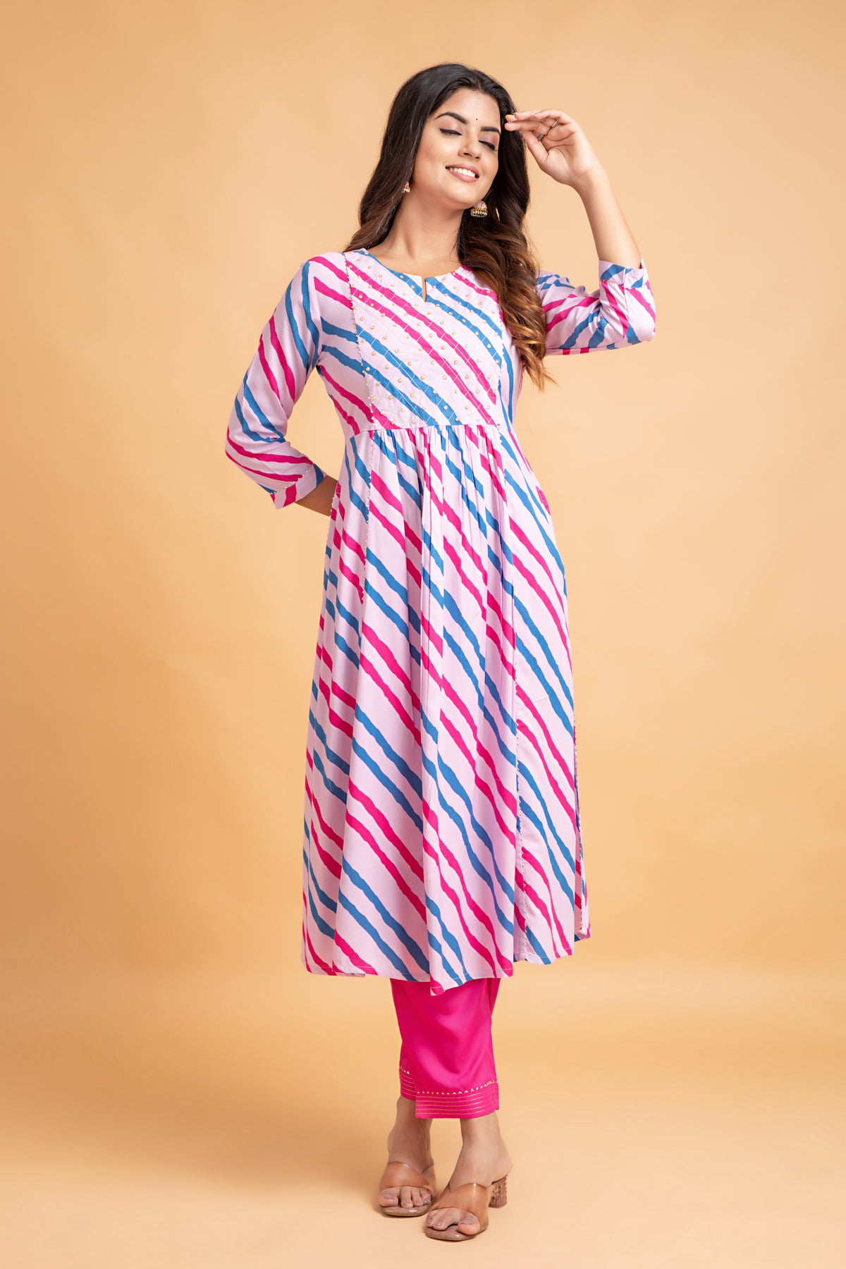 Lehariya Printed Flared Long Kurti with Pant