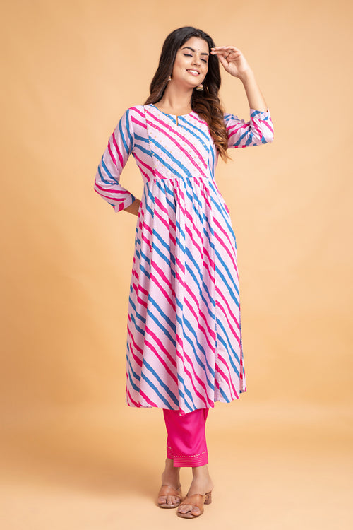 Lehariya Printed Flared Long Kurti with Pant