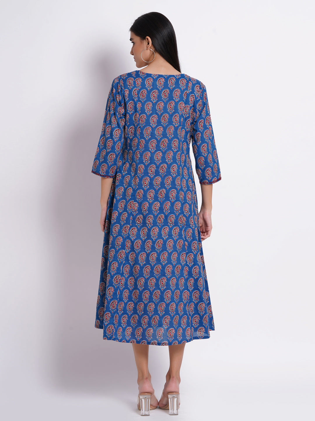 Printed Flared Long Kurti with Handcrafted Embellishments