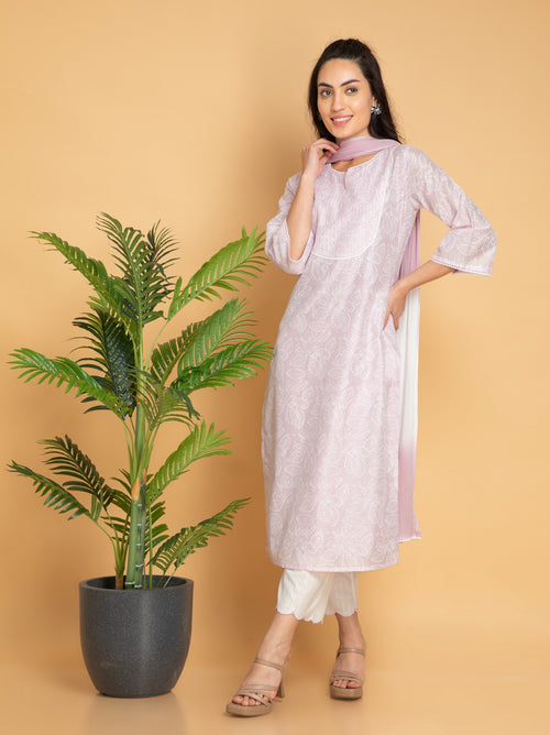 Chanderi Silk Printed Kurta Pant Set with Lace and Pintuck Details