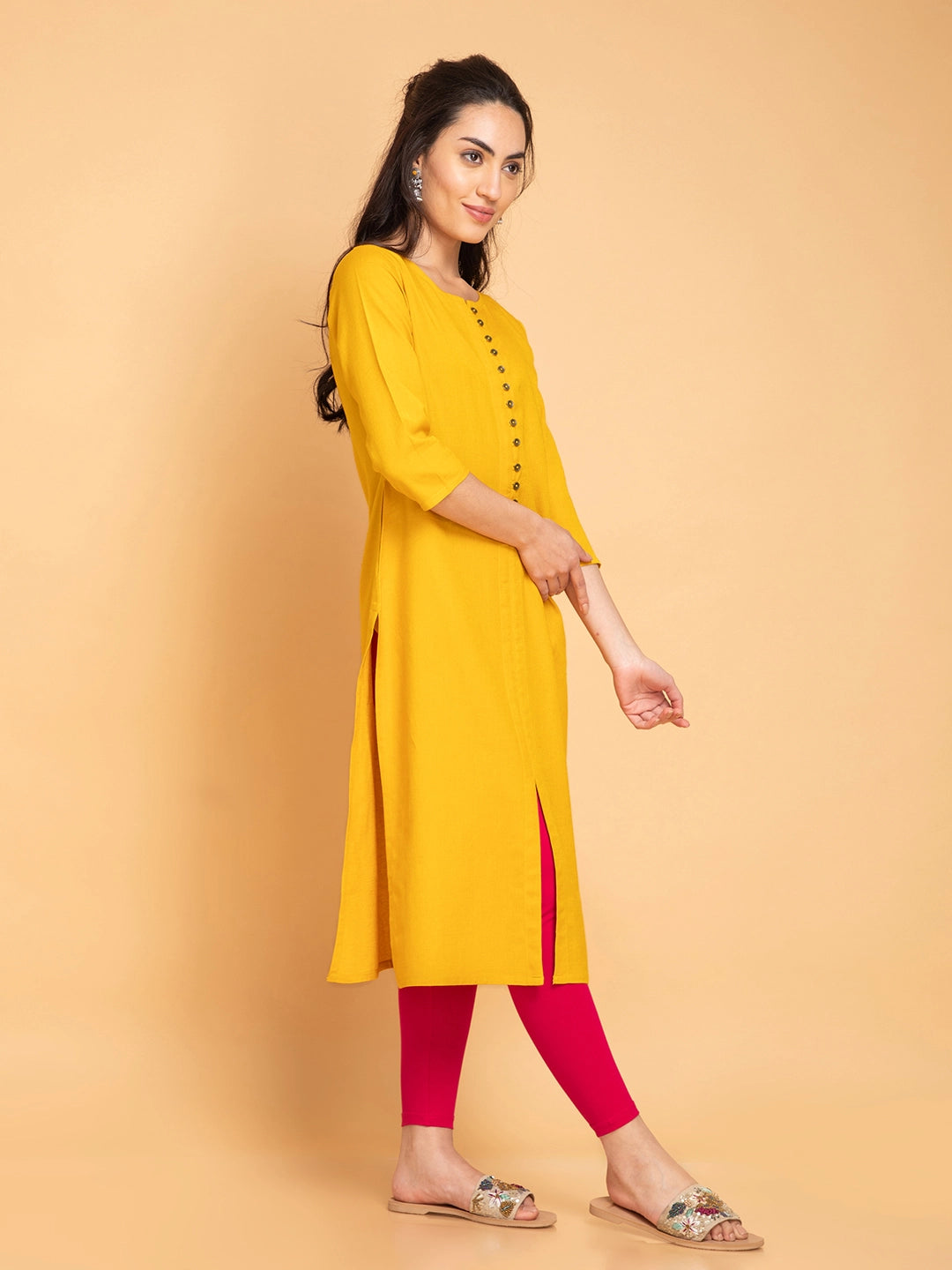 Linen Blend Long Kurti with Metal Buttons