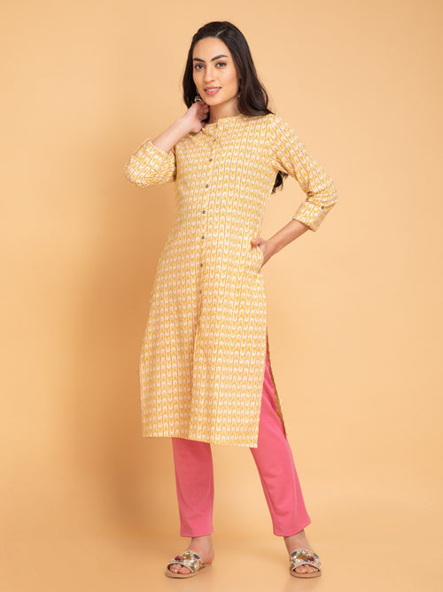 Casual Wear Printed Straight Kurti with Metal Buttons