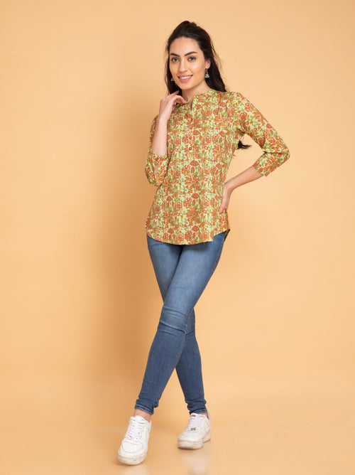 Mul Cotton Floral Printed Short Top with Pintuck Details