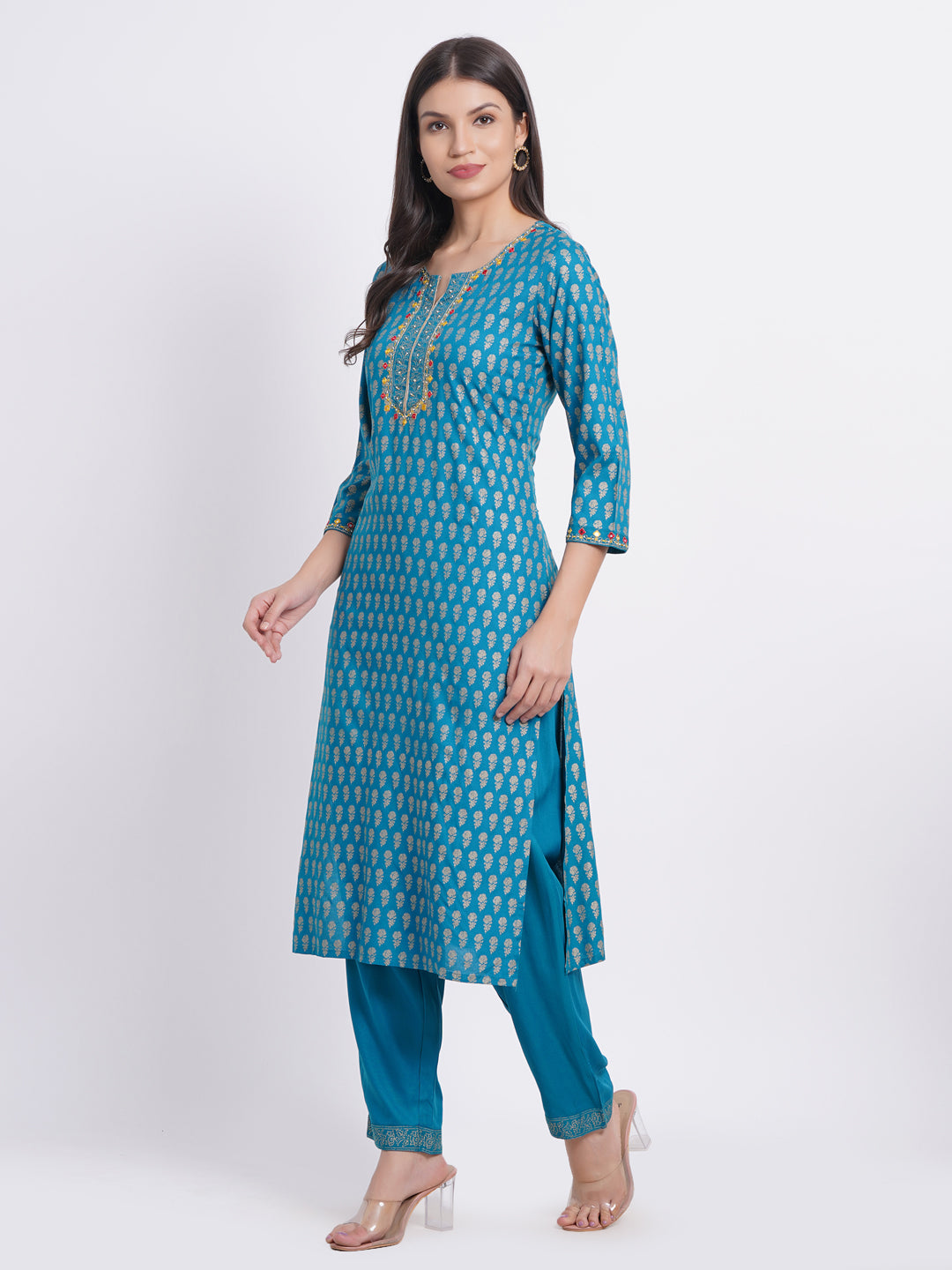 Gold Print Kurti with Handcrafted Embellishments