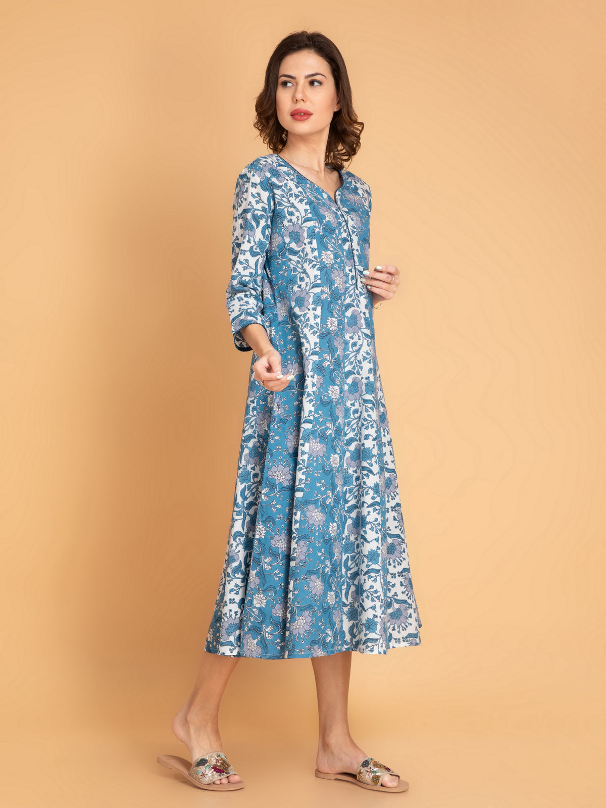 Mul Cotton Printed Kalidar Kurti with Zari Work