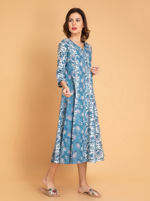 Mul Cotton Printed Kalidar Kurti with Zari Work