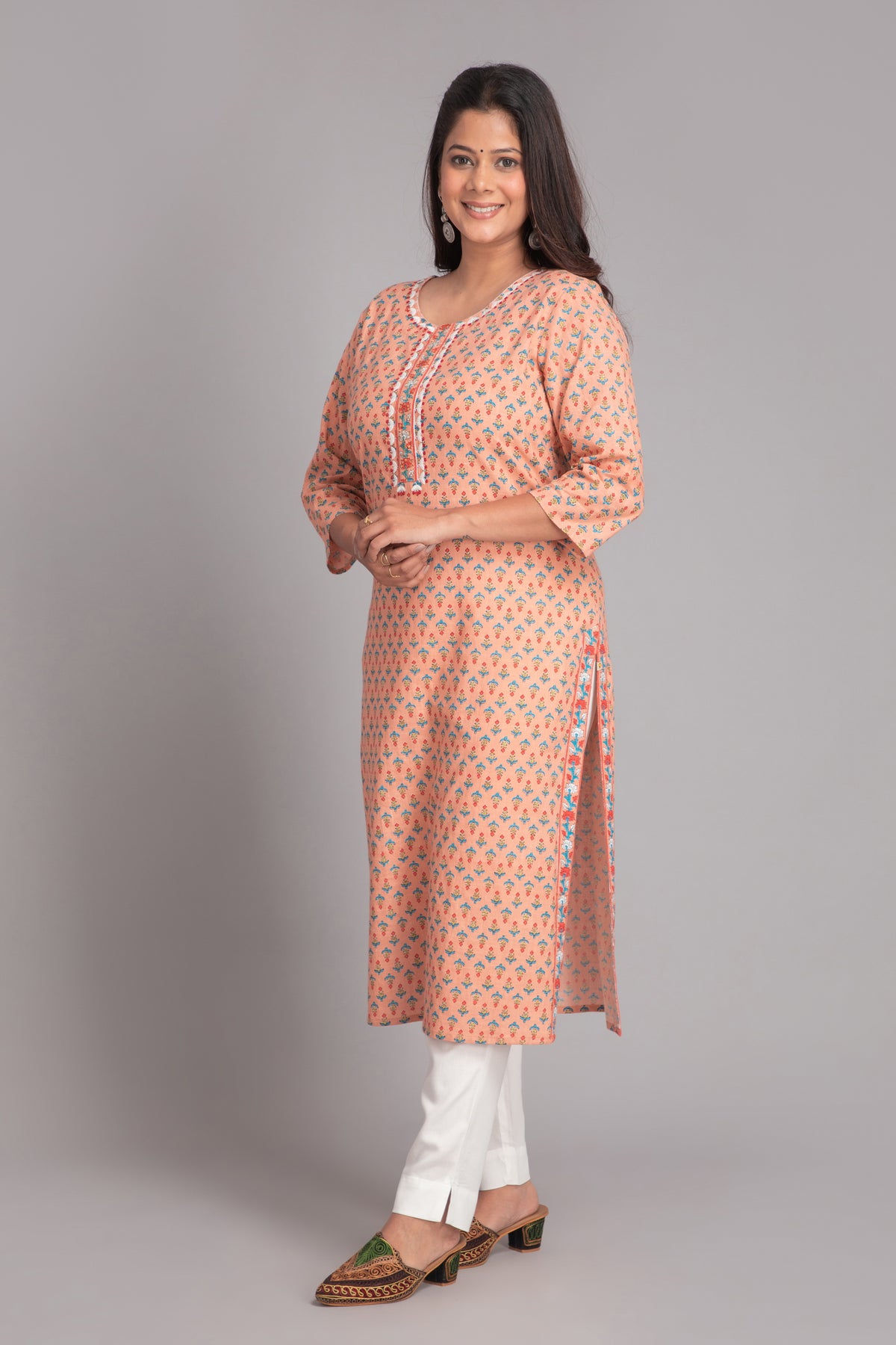 Printed Long Kurti with Embroidery & Sequins Work