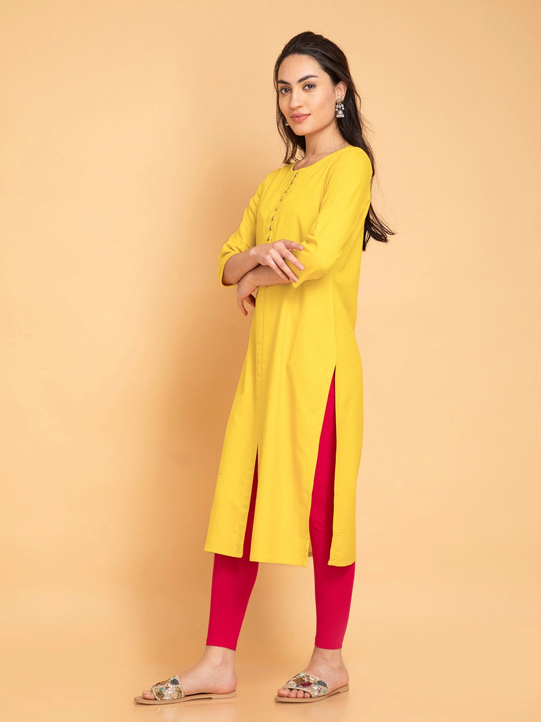 Linen Blend Long Kurti with Metal Buttons