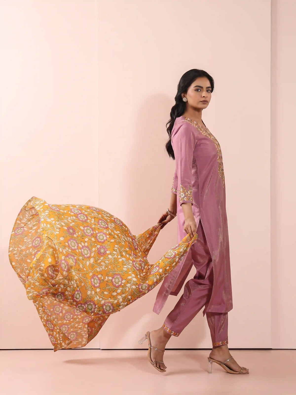 Women Mauve shimmer-3pc-chikankari-embroidery-kurta-set-embellished-with-adda-work-highlights