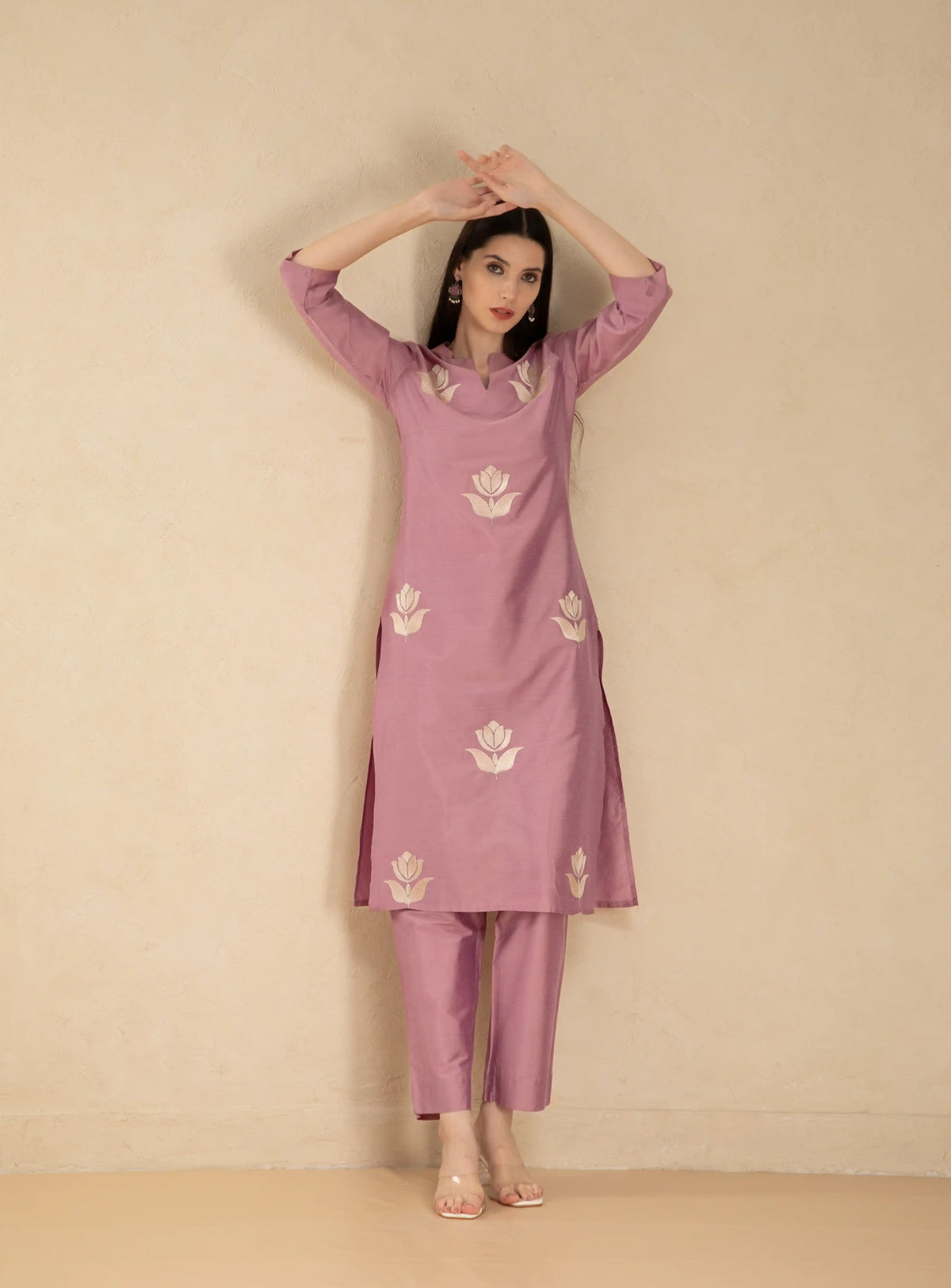 Women Brandied-Apricot silk-base-2pc-kurta-set-with-embroidery-details
