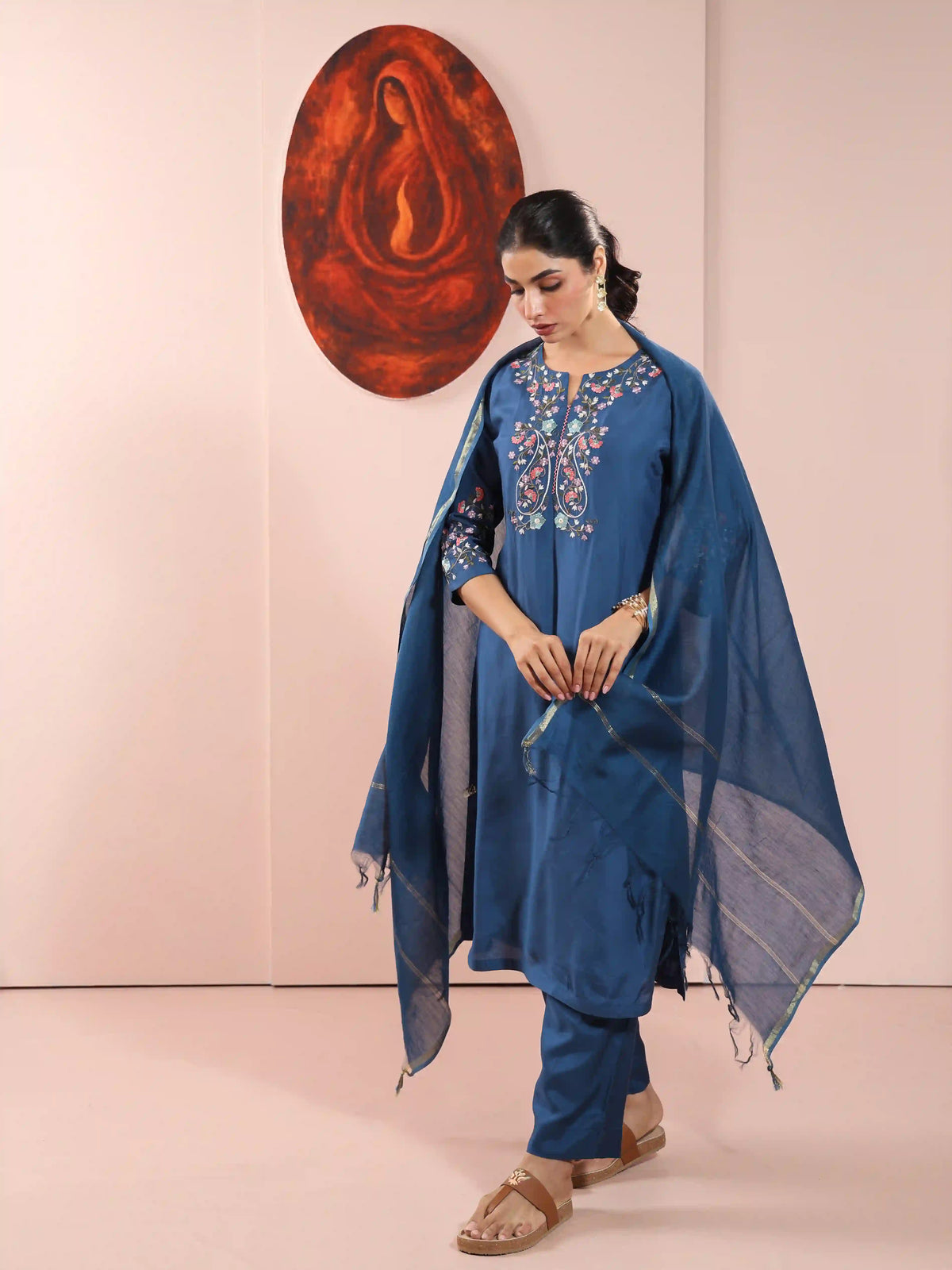 Muslin Silk 3PCS Kurta Pant Set with Embroidery