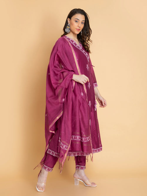 CHIKANKARI EMBROIDERED CHANDERI 3PC ANGRAKHA SET EMBELLISHED WITH DORI LATKAN