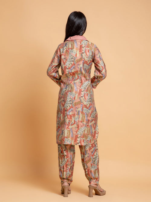 ABSTRACT PRINT 2PC CO-ORD SET WITH COLLAR EMBROIDERY