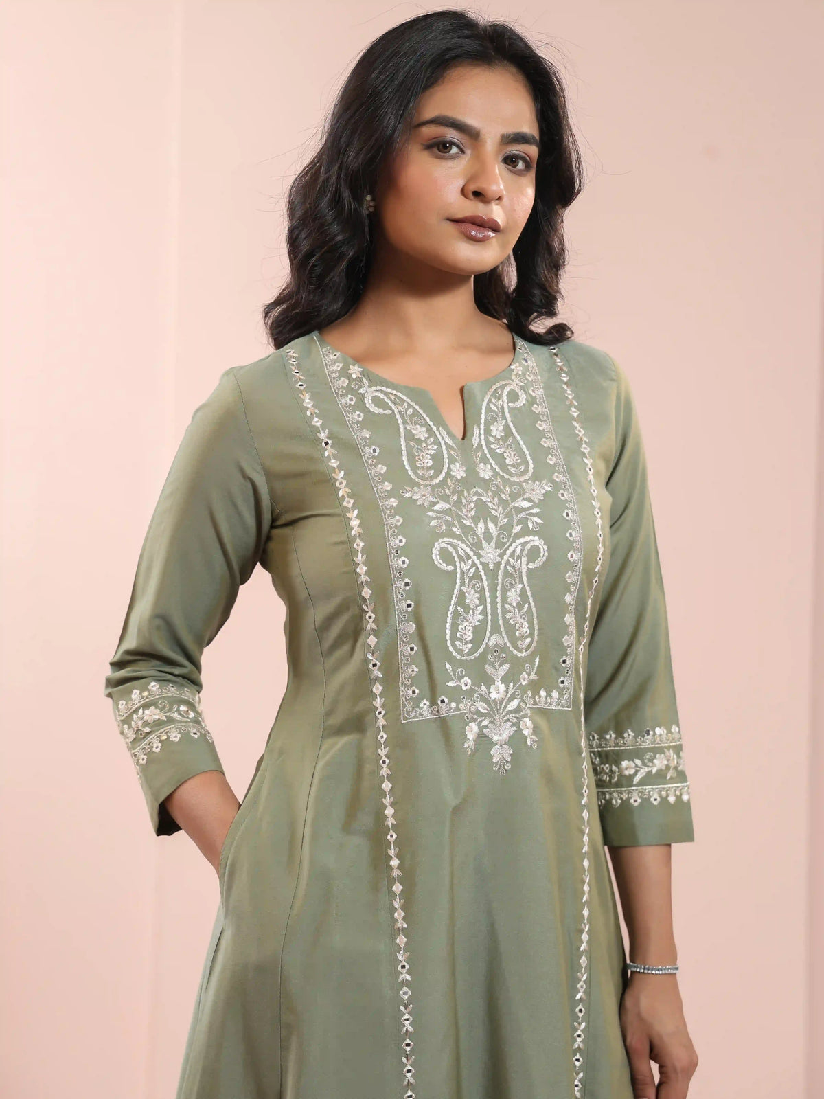 MIRROR EMBROIDERED 3PC FLAIRED KURTA SET PAIRED WITH CHIFON OMBREY DUPATTA