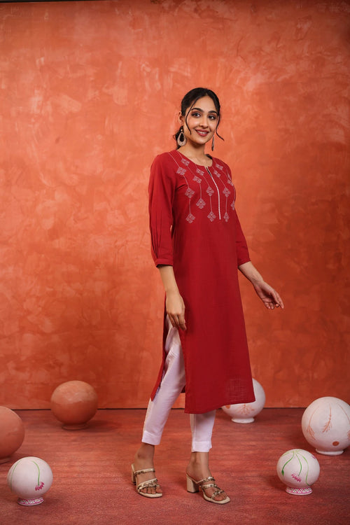 COTTON SLUB EMBROIDERED KURTI WITH SEQUENCE HIGHLIGHT