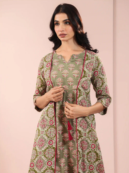 MUL COTTON AJRAK PRINTED SHRUG LOOK KURTI EMBELLISHED WITH ADDA WORK CRAFT