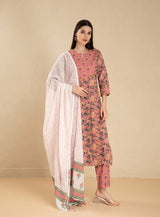 MUL COTTON 3PC KURTA PAIRED WITH KOTA DORIA DUPATTA SET EMBELLISHED WITH HAND CRAFT DETAILS