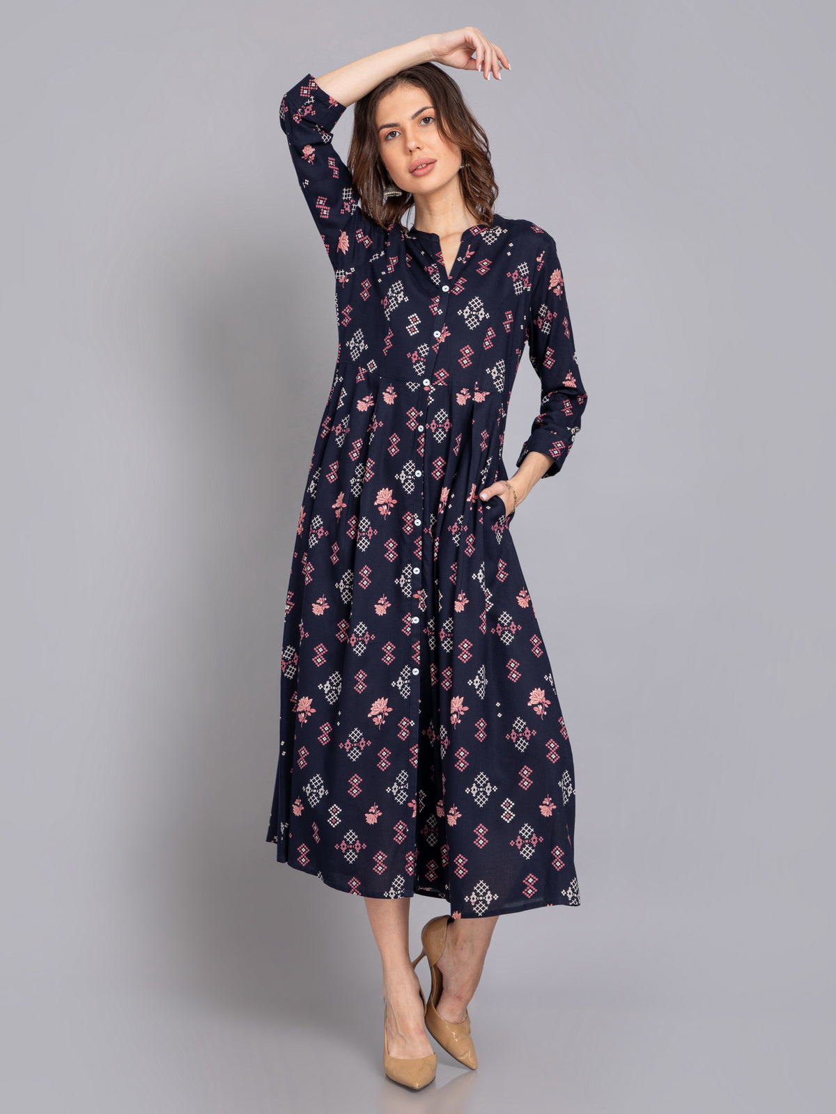 Suti Women Rayon Printed Long Flared Dress