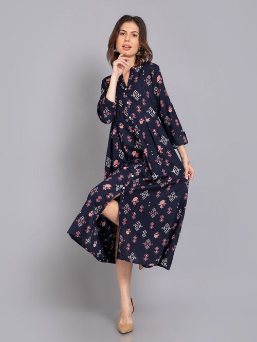 Suti Women Rayon Printed Long Flared Dress