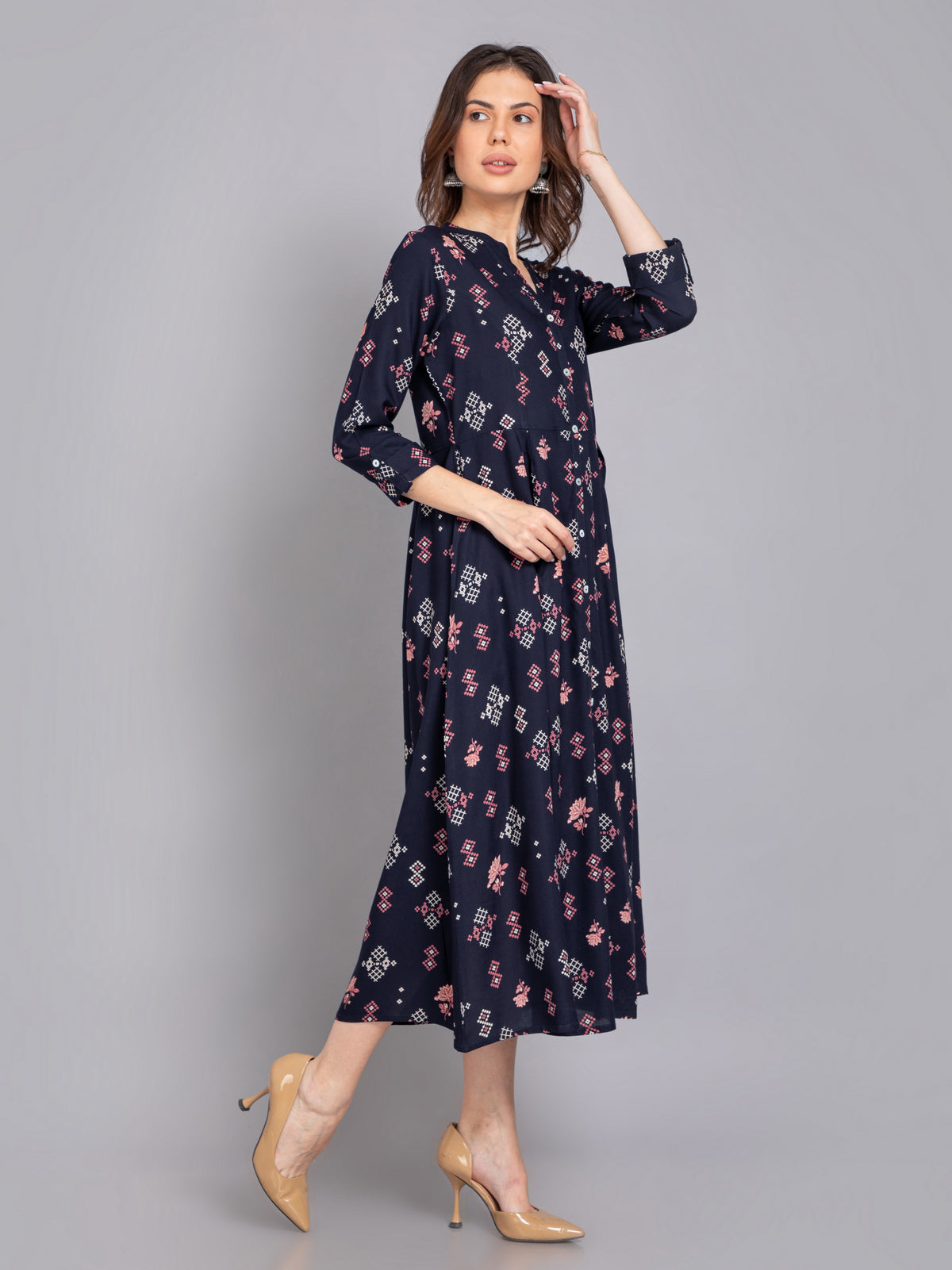 Suti Women Rayon Printed Long Flared Dress