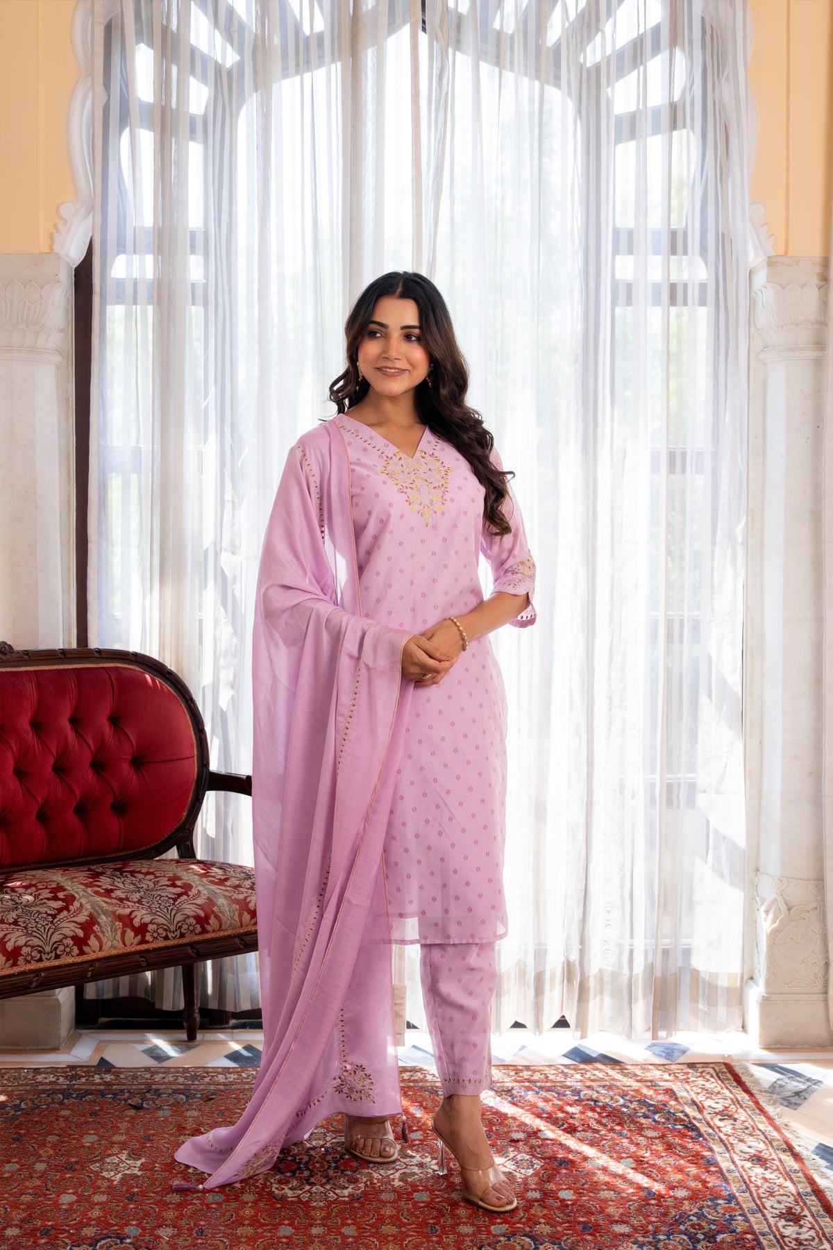 CHANDERI 3PC KURTA PANT SET WITH DELICATE EMBROIDERY DETAILS