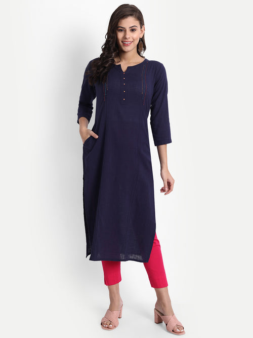 SUTI WOMEN COTTON SLUB STRAIGHT PINTUCK LONG KURTI