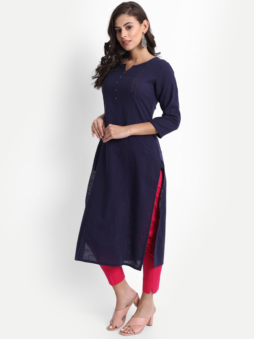 SUTI WOMEN COTTON SLUB STRAIGHT PINTUCK LONG KURTI