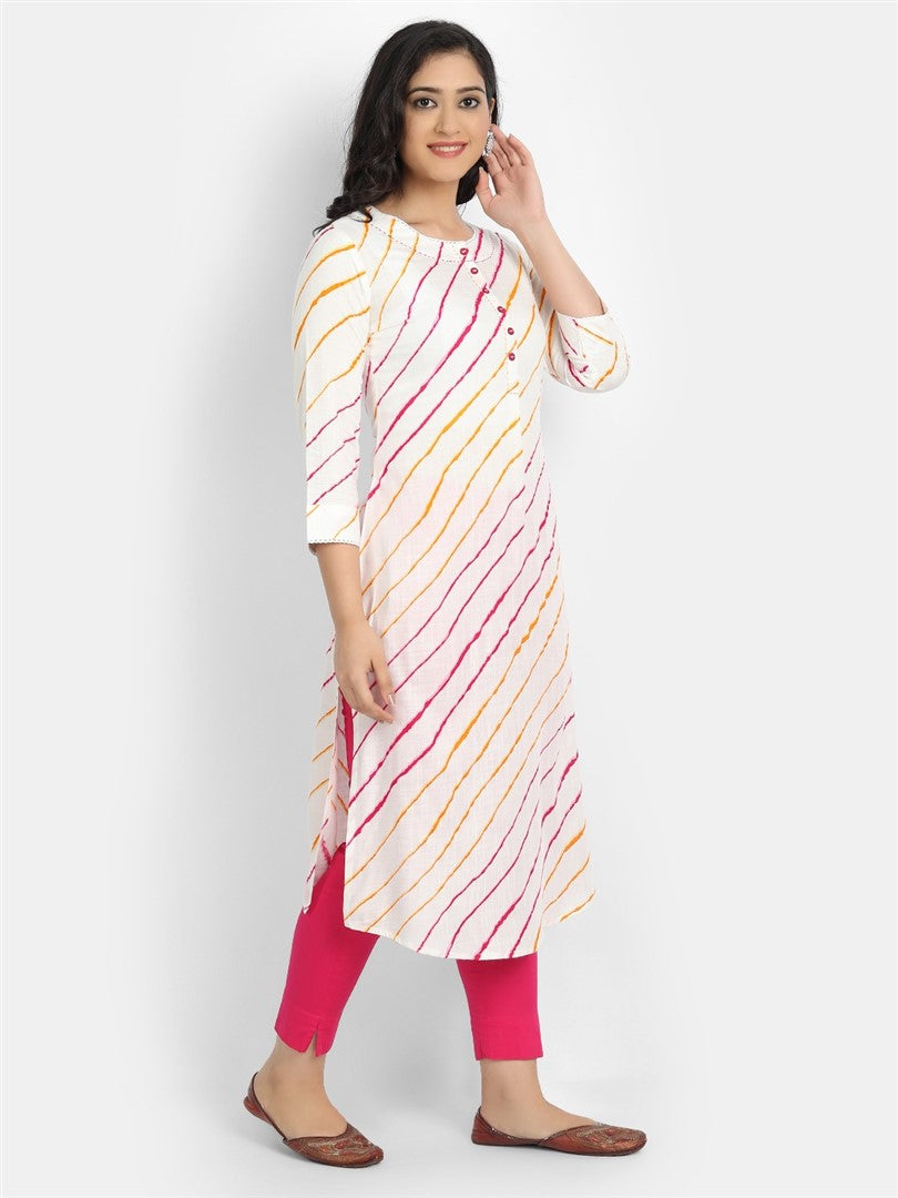 Lehariya Printed Long Kurti with Lace & Craft Buttons