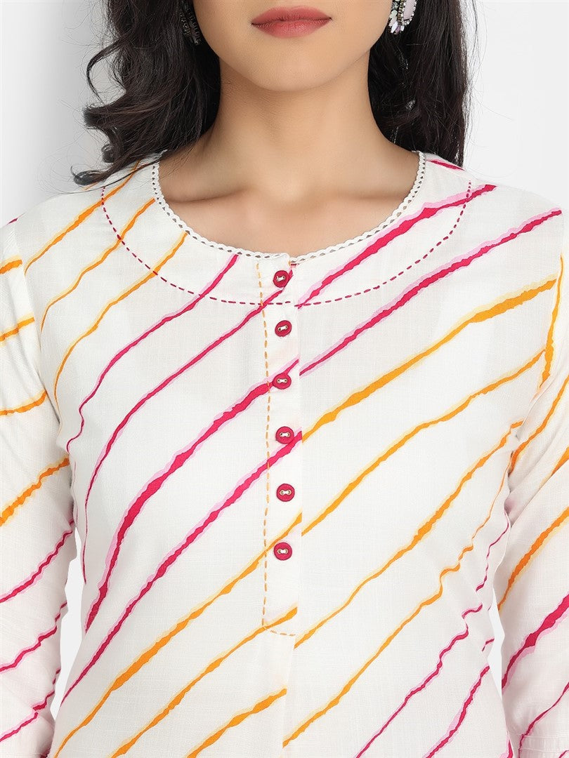 Lehariya Printed Long Kurti with Lace & Craft Buttons