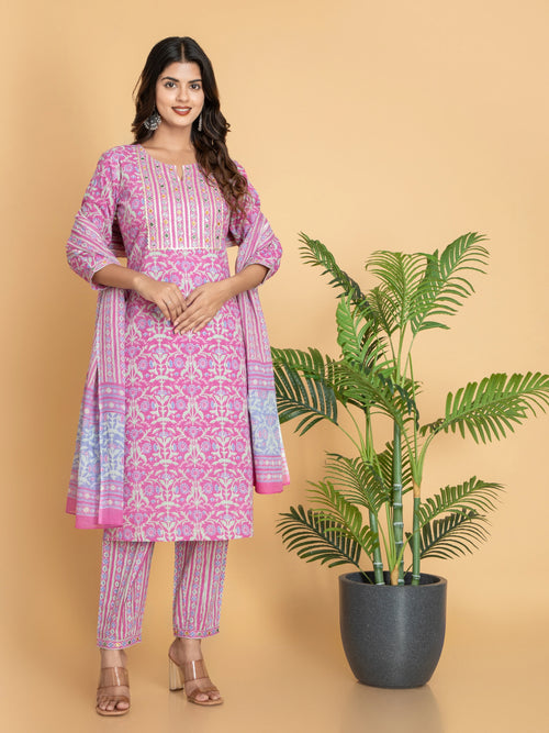 SUTI WOMEN MUL-COTTON 3PC PRINTED KUTI PANT SET WITH EMBROIDERY DETAILS